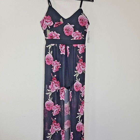 No Boundaries Floral Maxi Romper Sheer Overlay Dress Shorts L Adjustable Straps - Picture 5 of 12